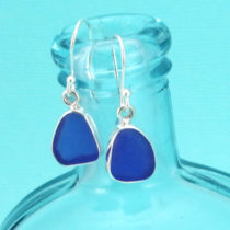 Deep Cobalt Sea Glass Earrings Bezel Set. Sterling Silver. Ready for Fast, Free Shipping.
