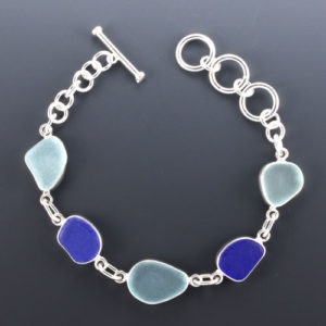 Aqua and Blue Sea Glass Bracelet Bezel Set. Sterling Silver. Genuine Sea Glass. Ready for Fast, Free Shipping.