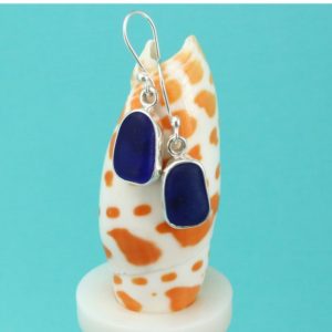 Rare Cobalt Sea Glass Earrings Bezel Set