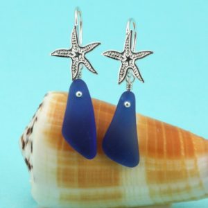Cobalt Blue Sea Glass Starfish Earrings. Sterling Silver. Genuine Sea Glass. Ready for Fast, Free Shipping.