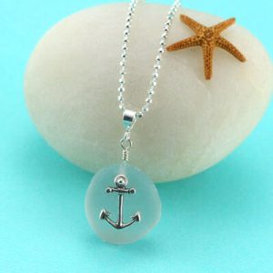 Gray Sea Glass Necklace Anchor Charm