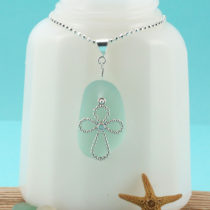 Soothing Sea Foam Green Sea Glass Pendant with Cross Charm