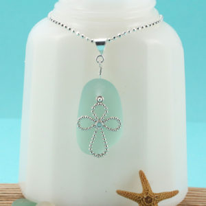 Soothing Sea Foam Green Sea Glass Pendant with Cross Charm