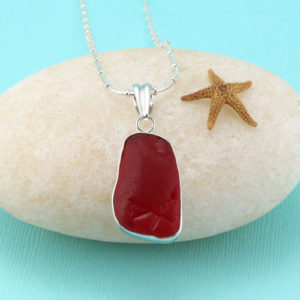 Chunky Red Sea Glass Necklace Bezel Set in Sterling Silver.