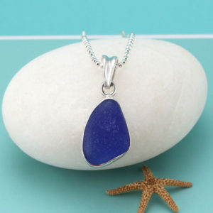 Bold Blue Sea Glass Pendant Bezel Set. Sterling Silver. Genuine Sea Glass. Ready for Fast, Free Shipping.