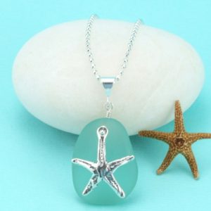 Amazing Aqua Sea Glass Necklace With Starfish. Sterling Silver. Genuine Sea Glass. Ready for Fast, Free Shipping.