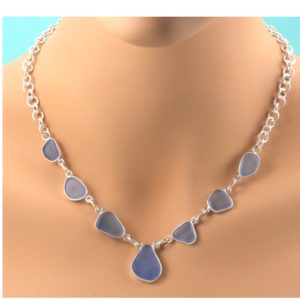 Rare Cornflower Blue Sea Glass Necklace Bezel Set. Sterling Silver. Ready for Fast Free Shipping. Genuine Sea Glass.