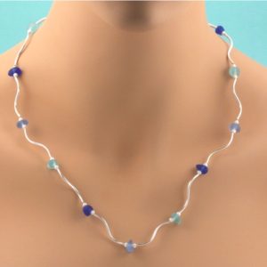 Cobalt, Cornflower, Aqua Sea Glass Designer Necklace. Genuine Sea Glass. One of a Kind. Ready for Fast, Free Shipping.