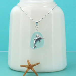Aqua Sea Glass Pendant with Dolphin Charm