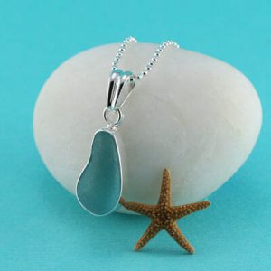 Aqua Sea Glass Bezel Set Pendant & Necklace
