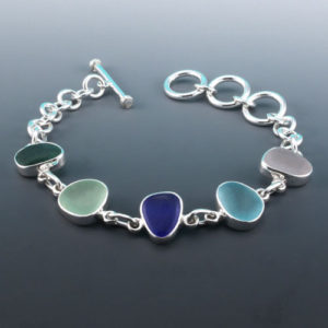 Multi Colored Sea Glass Bracelet Bezel Set. Genuine Sea Glass. Sterling Silver. Ready For Fast, Free Shipping.