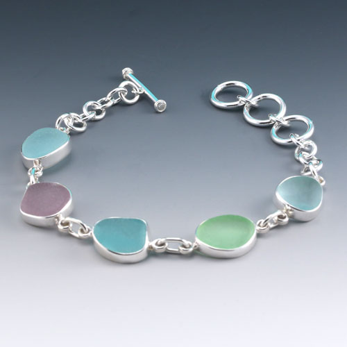 Pretty Pastel Color Sea Glass Bracelet, Bezel Set