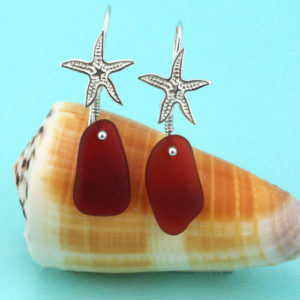 Regal Red Sea Glass Starfish Earrings. Genuine Sea Glass. Sterling Silver. Ready for Fast Free Shipping.