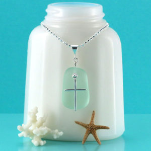 Sea Foam Green Sea Glass Pendant with Cross Charm. Genuine Sea Glass. Sterling Silver. Ready For Fast, Free Shipping.