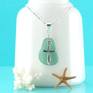 Aqua Sea Glass Pendant with Cross Charm, Genuine Sea Glass. Sterling Silver. Your Choice of Sterling Silver Necklace Lengths. Ready for Fast, Free Shipping.