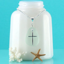 Sea Foam Sea Glass Pendant With Cross Charm. Genuine Sea Glass. Sterling Silver. Ready For Fast,Free Shipping.