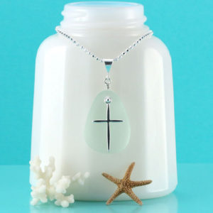 Sea Foam Sea Glass Pendant With Cross Charm. Genuine Sea Glass. Sterling Silver. Ready For Fast,Free Shipping.