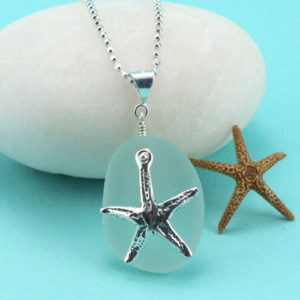 Alluring Aqua Sea Glass Pendant with Starfish Charm. Genuine Sea Glass. Sterling Silver. Ready for Fast, Free Shipping.