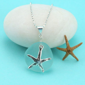 Awesome Aqua Sea Glass Necklace with Starfish Charm. Genuine Sea Glass. Sterling Silver. Ready for Fast, free Shipping.