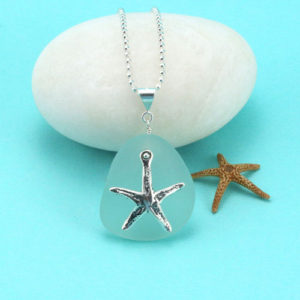 Aqua Sea Glass Pendant with Starfish Charm. Genuine Sea Glass. Sterling Silver. Ready For Fast, Free Shipping.