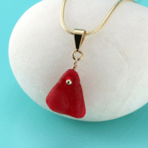 Small Chunky Cherry Red Sea Glass Pendant. Genuine, Rare Sea Glass Gem. Gold Over Sterling Silver Necklace. Ready For Fast, Free Shipping.