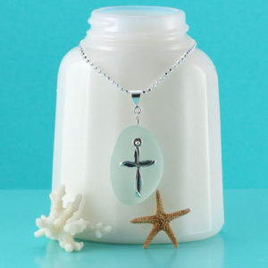 Sea Foam Green Sea Glass Necklace with Cross Charm. Genuine Sea Glass. Sterling Silver.