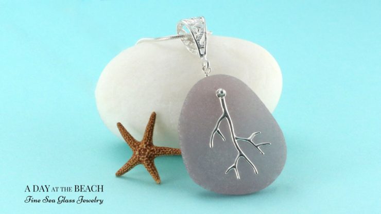 Purple Sea Glass Pendant with Coral Branch Charm
