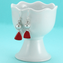 Cherry Red Sea Glass Earrings with Pearls. Genuine Sea Glass. Bezel Set. Sterling Silver. One Of A Kind. Ready For Fast, Free Shipping.