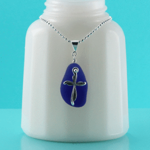Cobalt Blue Sea Glass Pendant With Cross Charm. Genuine Sea Glass. Sterling Silver. Ready For Fast, Free Shipping. One Of A Kind.