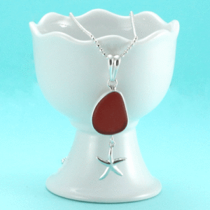 Red Sea Glass Pendant With Starfish Charm