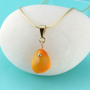 Small Amberina Sea Glass Pendant With Gold. Genuine Sea Glass. Gold Over Sterling Silver Necklace. Quality Guarantee. Ready For Fast, Free Shipping.