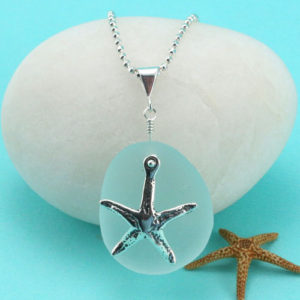 Amazing Aqua Sea Glass Pendant With Starfish Charm. Genuine Sea Glass. Sterling Silver. Ready For Fast, Free Shipping.