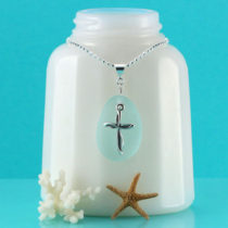 Alluring Aqua Sea Glass Pendant With Cross Charm. Genuine Sea Glass. Sterling Silver. Ready For Fast, Free Shipping.