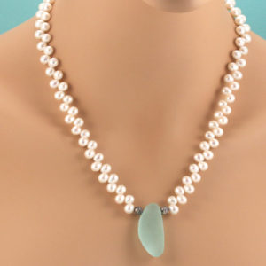Aqua Sea Glass and Pearl Necklace. Genuine Sea Glass, Freshwater Pearls. One Of A Kind. Ready For Fast, Free Shipping.