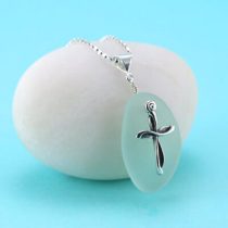 Sea Foam Green Sea Glass Pendant with Cross Charm