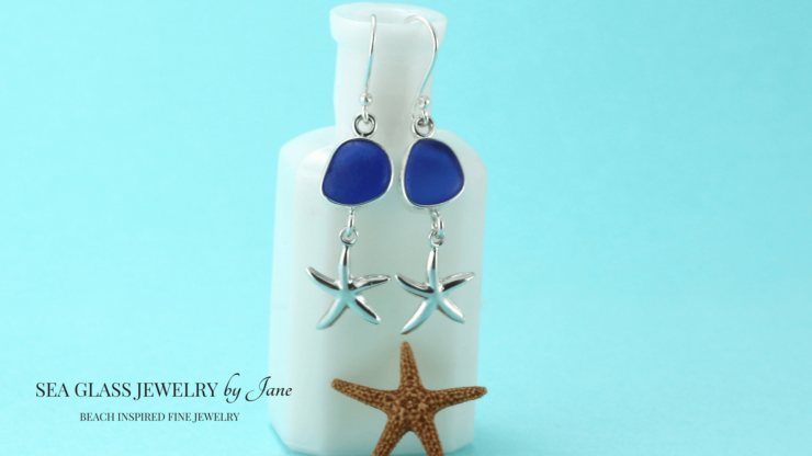 Cobalt Blue Sea Glass Earrings with Starfish Charms