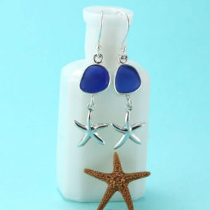Cobalt Blue Sea Glass Earrings with Starfish Charms. Genuine Sea Glass. Sterling Silver.