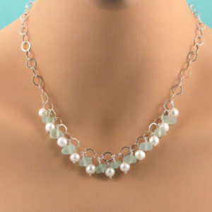 Sea Foam Sea Glass and Pearl Cluster Necklace. Genuine Sea Glass, Freshwater Pearls, Sterling Silver.