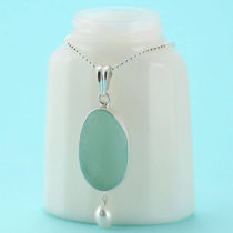 Aqua Sea Glass Pendant with Pearl