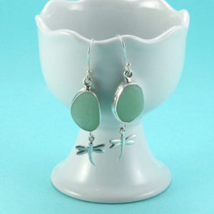 Jadeite Sea Glass Earrings with Dragonfly