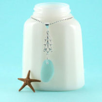 Aqua Sea Glass Pendant Leaf Charm