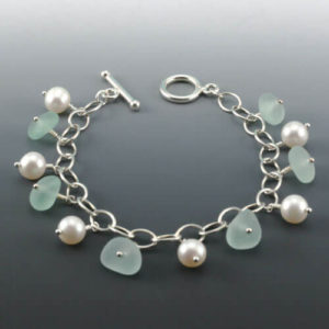 Aqua Sea Glass and Pearl Bracelet