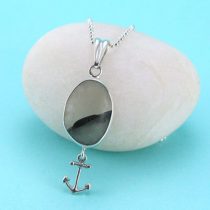 Gray and White Sea Glass Pendant with Anchor Charm
