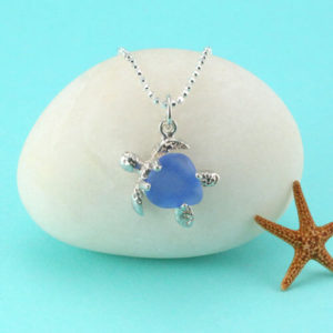 Cornflower Blue Sea Glass Turtle Pendant and Sterling Silver Necklace