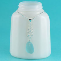 Deep Aqua Sea Glass Pendant with Leaf Accent