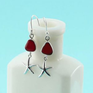 Red Sea Glass Earrings with Starfish Charm