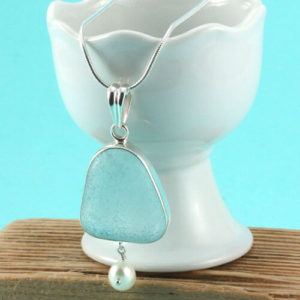 Aqua Sea Glass Pendant Bezel Set with Pearl