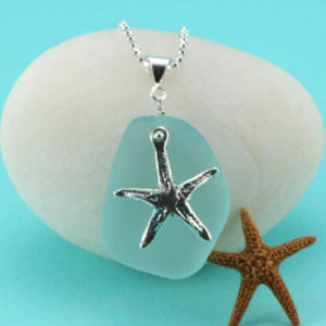 Awesome Aqua Sea Glass Pendant with Starfish Charm