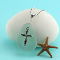 Sea Foam Sea Glass Pendant with Cross Charm