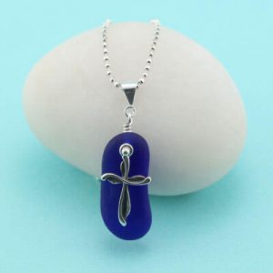 Cobalt Blue Sea Glass Pendant/Necklace With Cross Charm